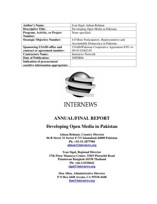 Annual/final report : developing open media in Pakistan