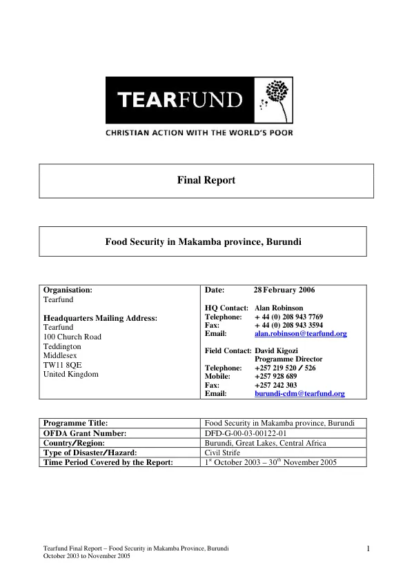 Final report -- food security in Makamba Province, Burundi