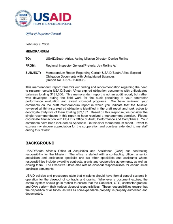 Memorandum report regarding certain USAID/South Africa expired obligation documents with unliquidated balances