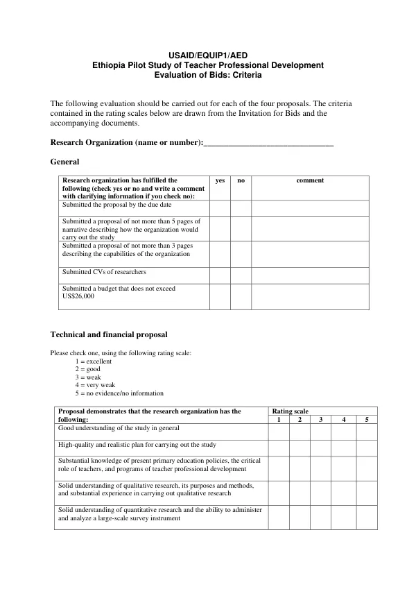 USAID/EQUIP1/AED : Ethiopia pilot study of teacher professional development evaluation of bids -- criteria