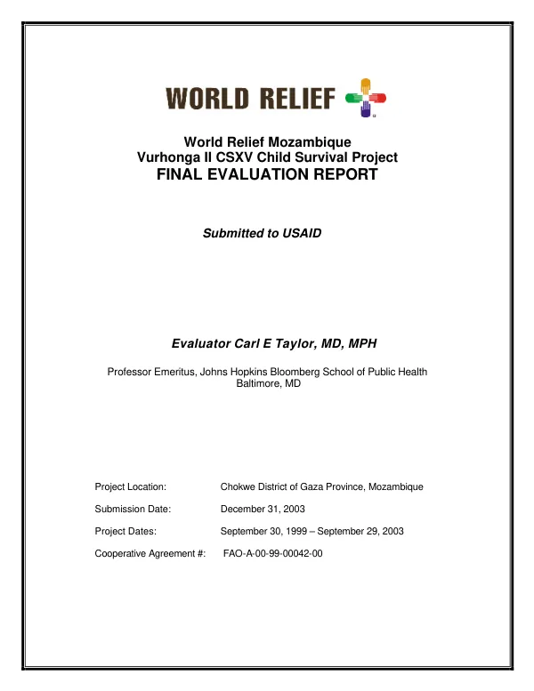 World Relief Mozambique : Vurhonga II CSXV child survival project -- final evaluation report