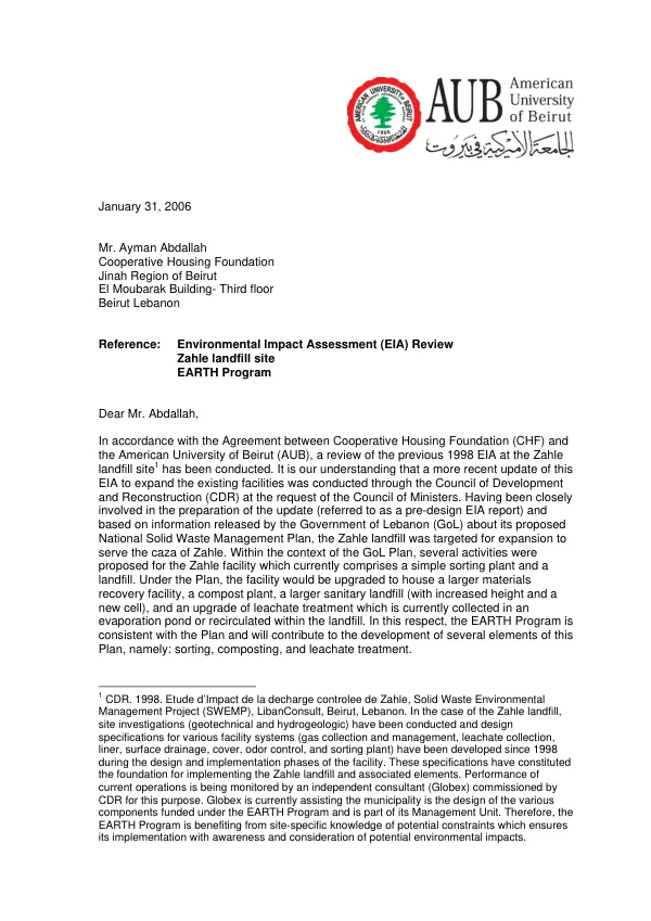 Environmental impact assessment (EIA) review : Zahle landfill site -- EARTH program