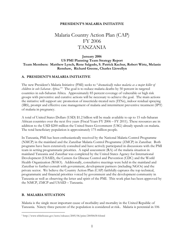 President"s malaria initiative : malaria country action plan (CAP) FY 2006 : Tanzania