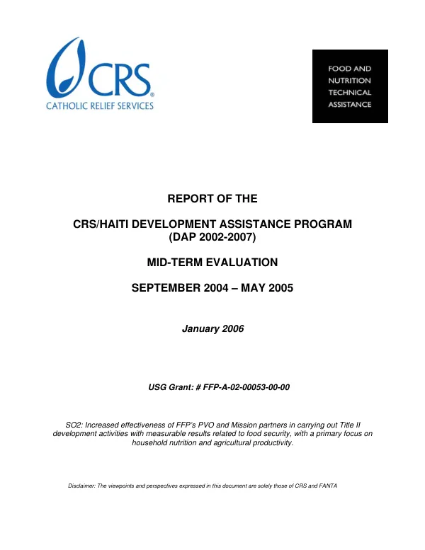 Report of the CRS/Haiti development assistance program (DAP 2002-2007) : mid-term evaluation -- September 2004-May 2005
