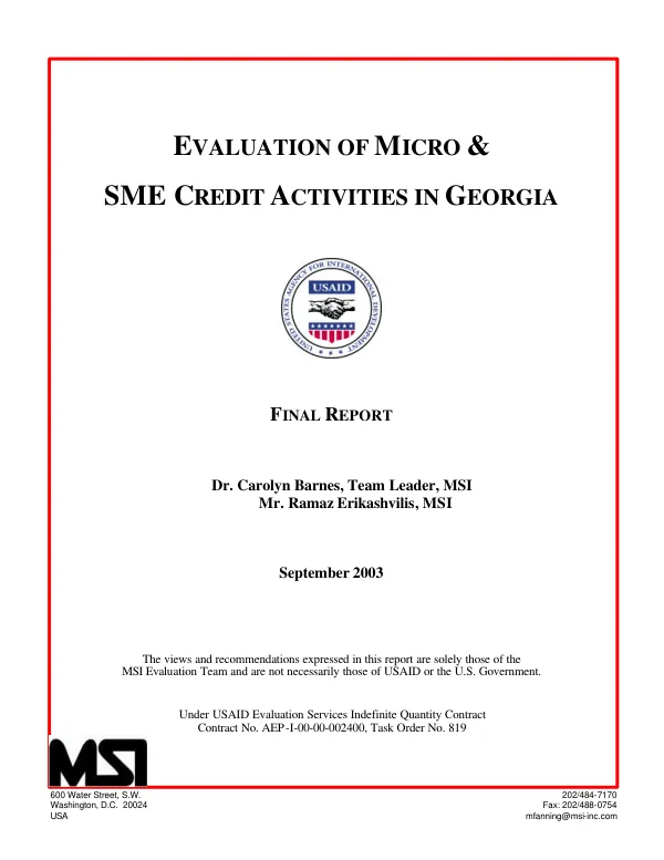 Evaluation of micro & SME [small & medium enterprises] activities in Georgia : final report