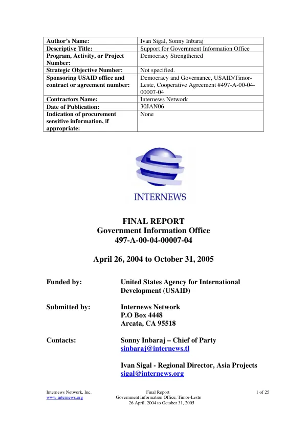 Final report : government information office -- 497-A-00-04-00007-04 : April 26, 2004 to October 31, 2005