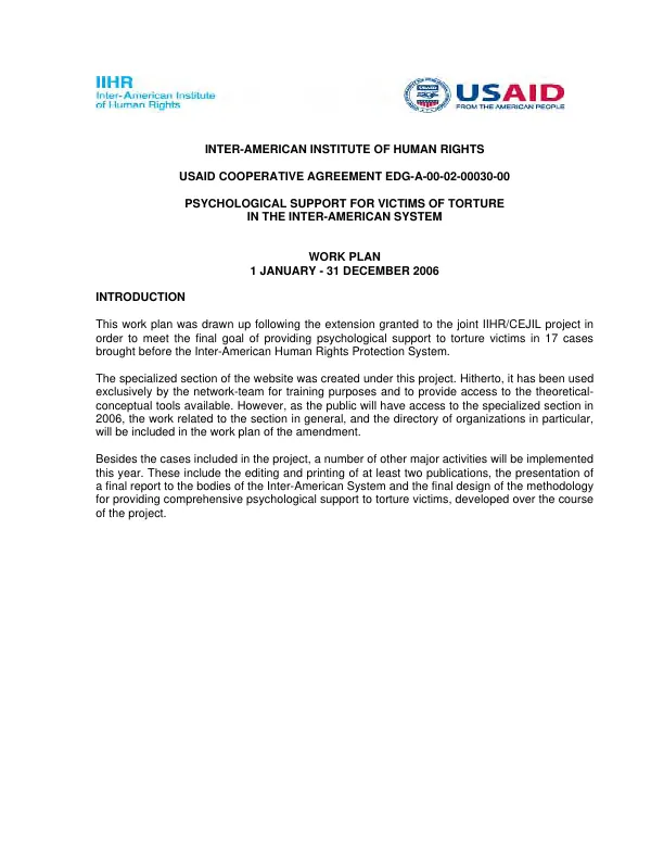 Inter-American Institute of Human Rights : USAID cooperative agreement EDG-A-00-02-00030-00 -- psychological support for victims of torture in the inter-American system : work plan 1 January-31 December 2006