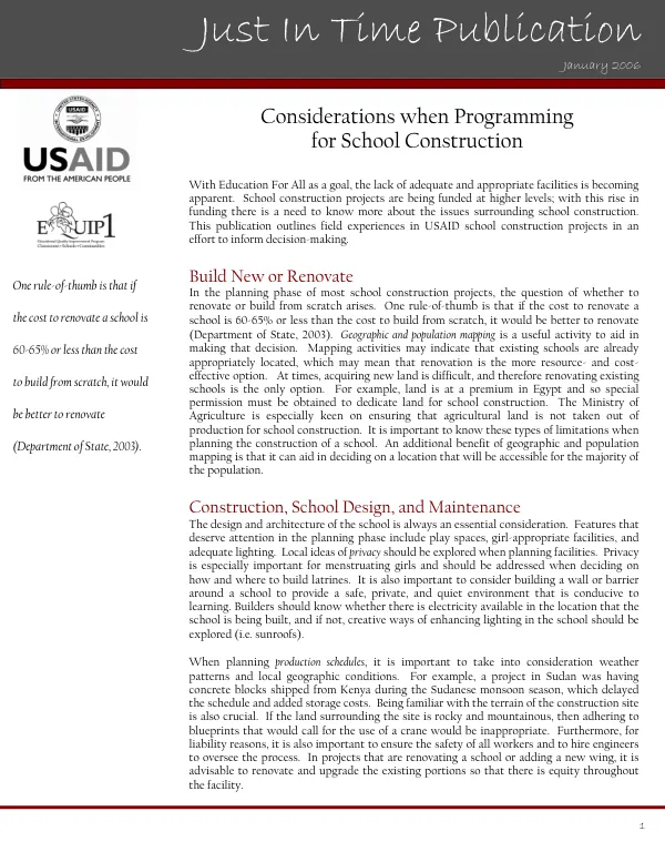 Considerations when programming for school construction