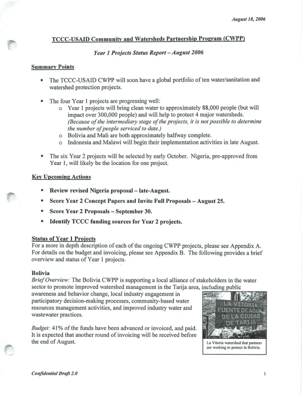 TCCC-USAID Community and Watersheds Partnership Program (CWPP) Year 1 Projects Status Report