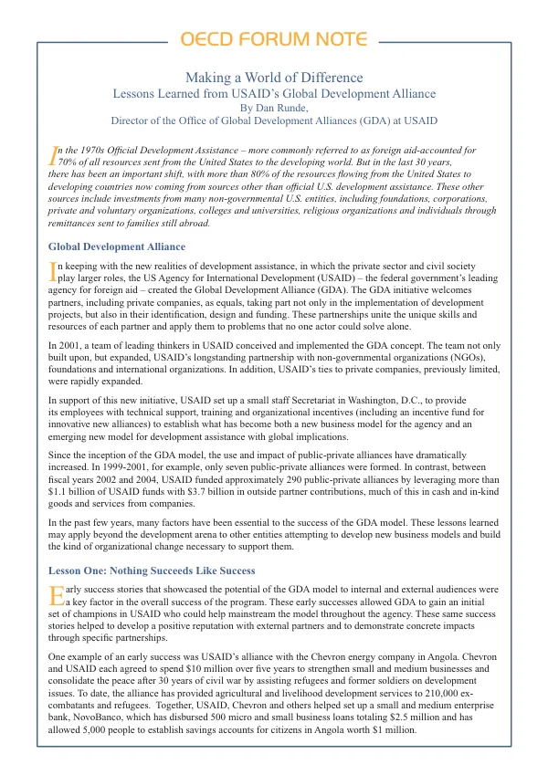 Making a world of difference : lessons learned from USAID"s Global Development Alliance