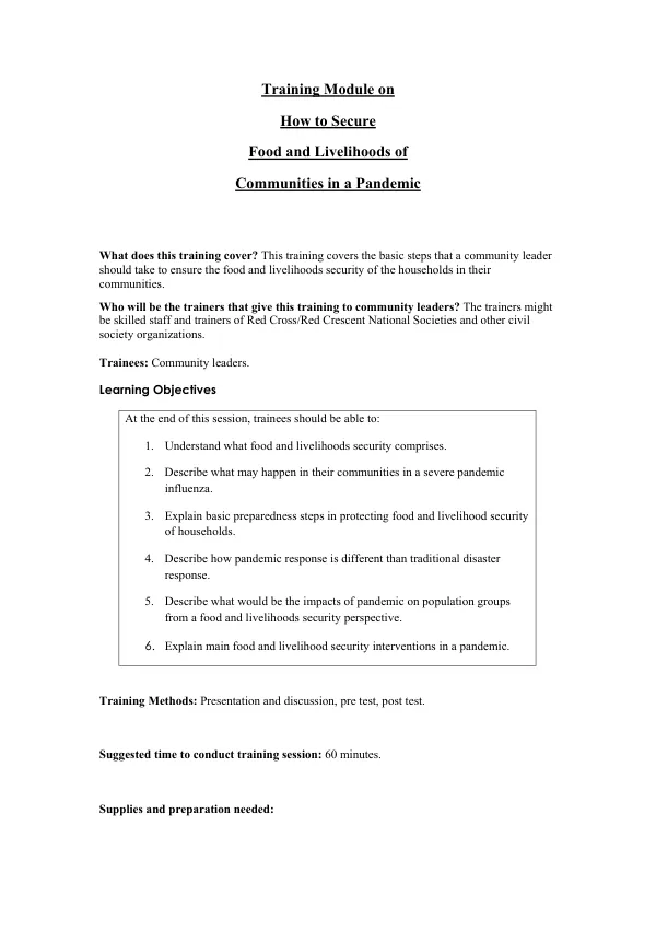 Training module on how to secure food and livelihoods of communities in a pandemic