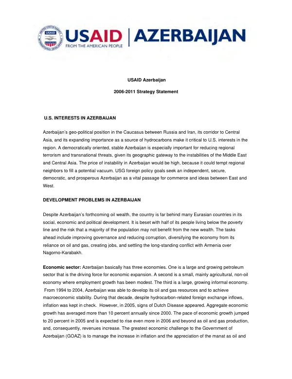 USAID Azerbaijan 2006-2011 strategy statement
