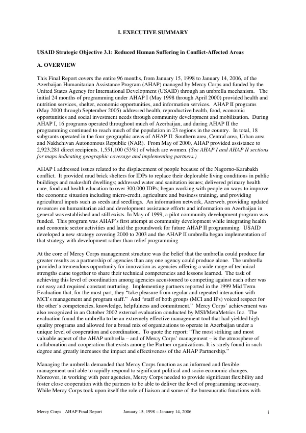 Azerbaijan humanitarian assistance program (AHAP), January 15, 1998-January 14, 2006