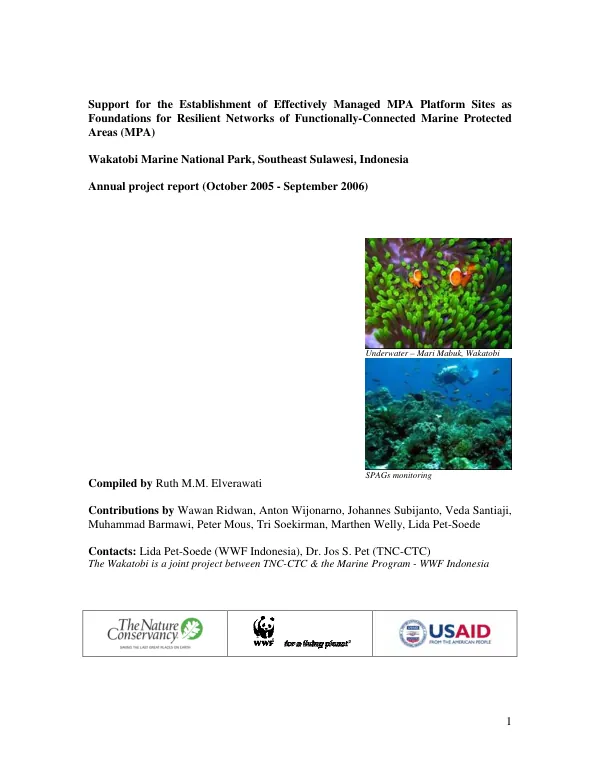 Support for the establishmetn of effectively managed MPS platform sites as foundations for resilient networks of functionally-connected marine protected areas (MAP) : Wakotobi National Park, Southeast Sulawesi, Indonesia -- annual project report (October 2005-September 2006)
