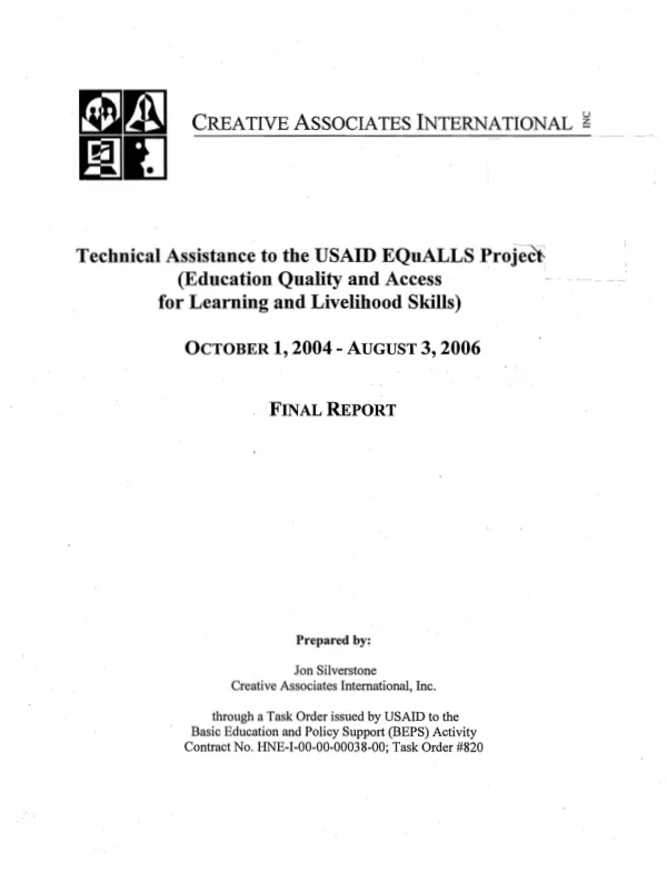 Technical assistance to the USAID EQuALLS project (Education quality and access for learning and livelihood skills), October 1, 2004-August 3, 2006 : final report
