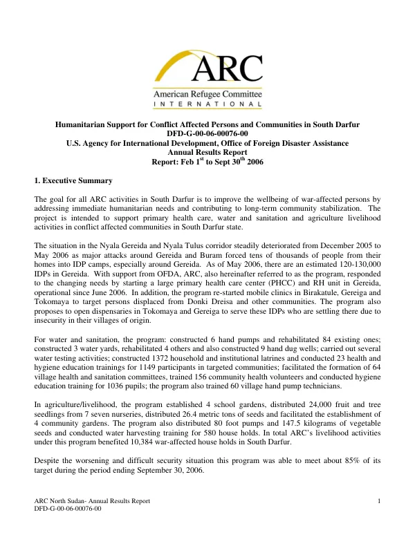 Humanitarian support for conflict affected persons and communities in South Darfur : annual results report