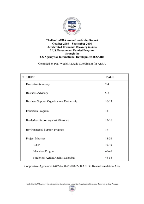 Thailand AERA annual activities report : October 2005 - September 2006 -- accelerated economic recovery in Asia