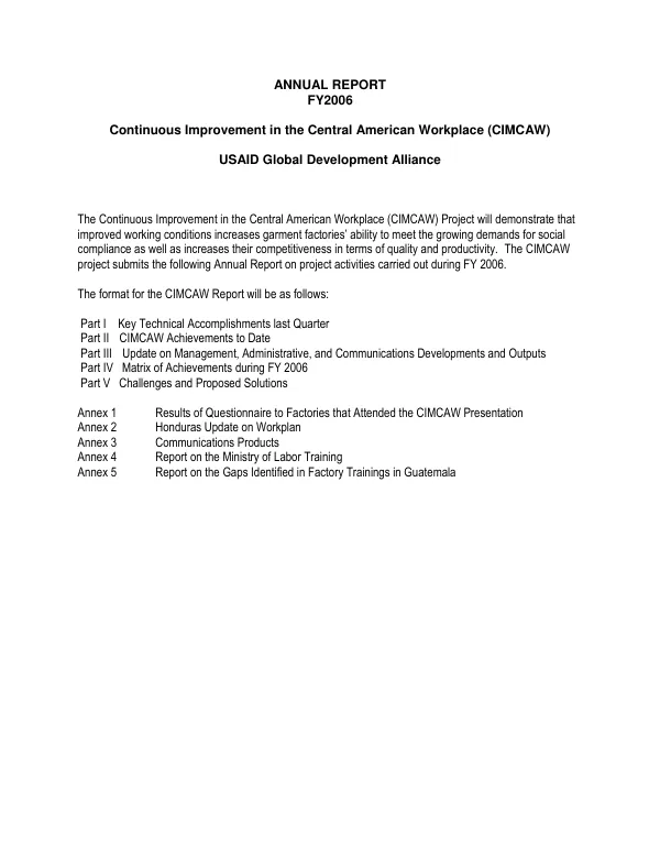 Annual report FY 2006 : continuous improvement in the Central American workplace (CIMCAW) -- USAID global development alliance