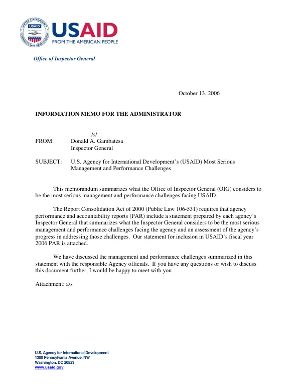 Office of Inspector General"s (OIG) fiscal year 2006 statement on USAID"s most serious management and performance challenges