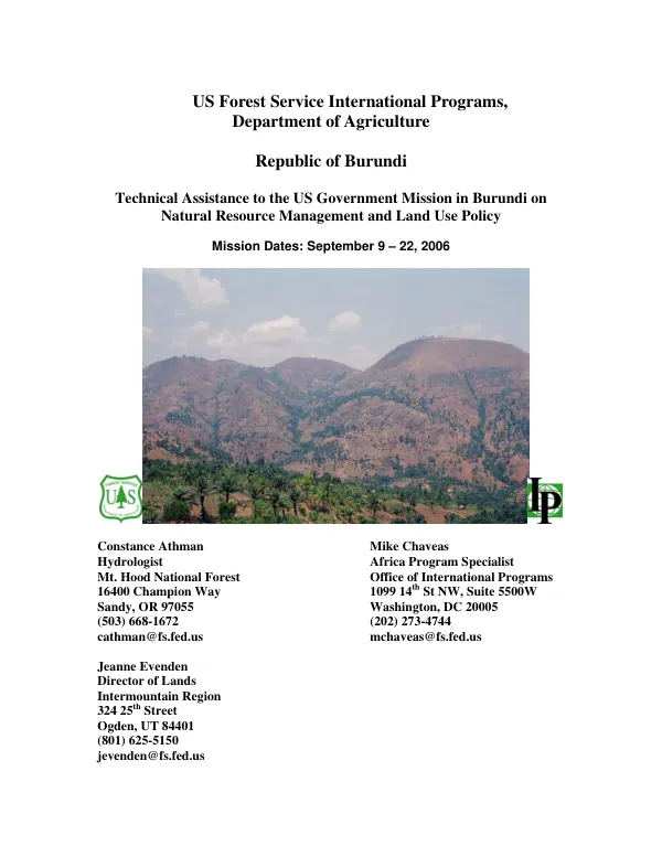 Technical assistance to the US Government Mission in Burundi on natural resource management and land use