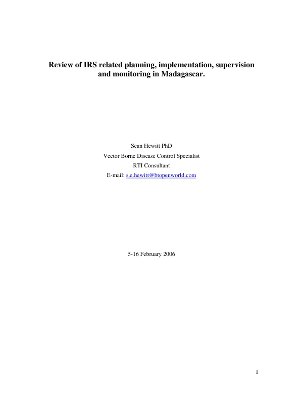 Review of IRS related planning, implementation, supervision and monitoring in Madagascar