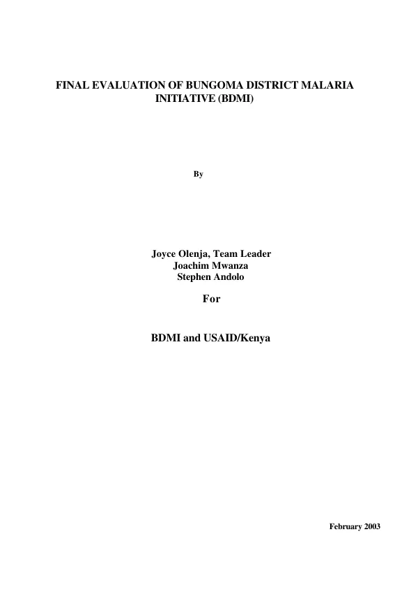 Final evaluation of Bungoma District malaria initiative (BDMI)