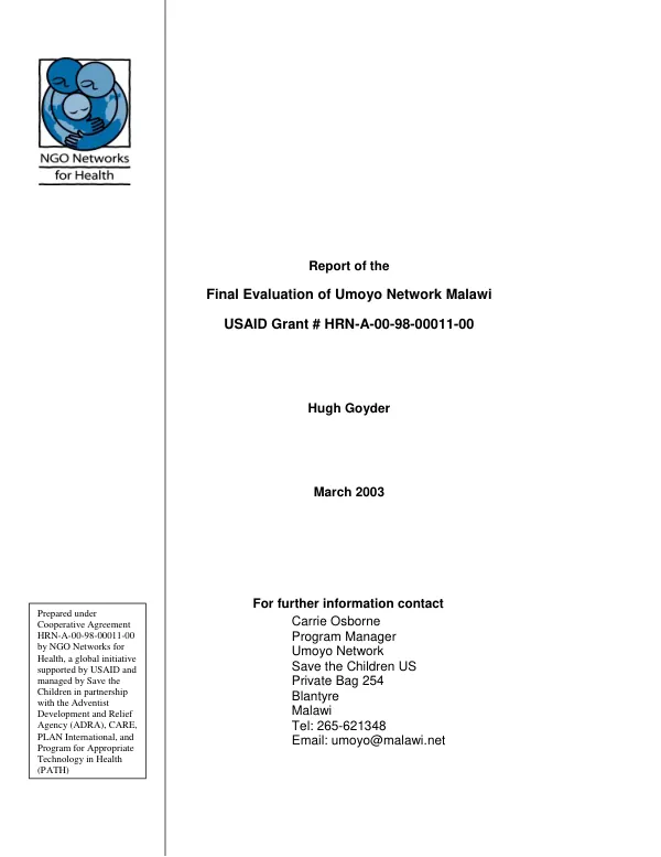 Report of the final evaluation of Umoyo network Malawi : USAID grant # HRN-A-00-98-00011-00