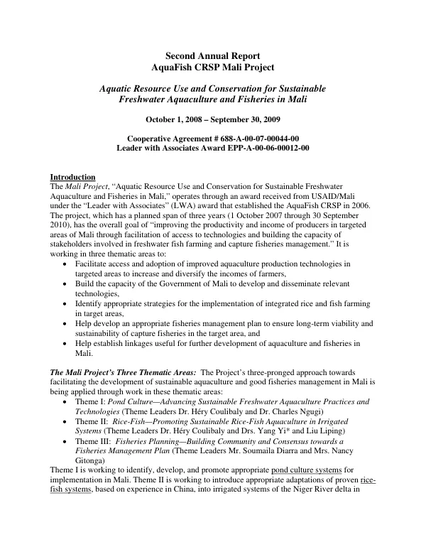 Second annual report AquaFish CRSP Mali project : aquatic resource use and conservation for sustainable freshwater aquaculture and fisheries in Mali : October 1, 2008-September 30, 2009