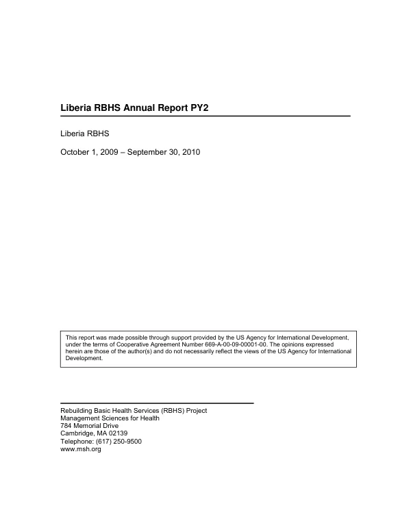Liberia rebuilding basic health services (RBHS) : annual report PY2,:October 1, 2009 – September 30, 2010