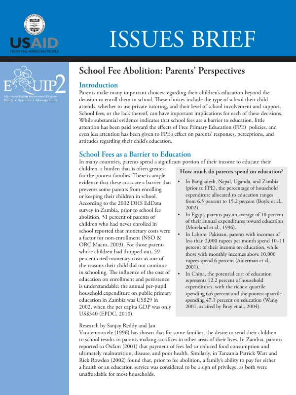 School fee abolition : parents" perspectives -- issues brief