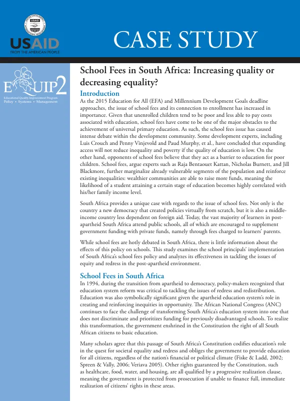 School fees in South Africa : increasing quality or decreasing equality? -- case study