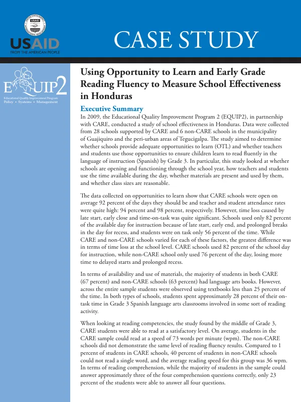 Using opportunity to learn and early grade reading fluency to measure school effectiveness in Honduras : case study