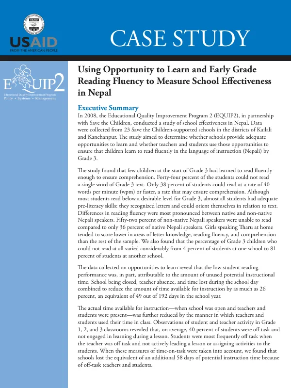 Using opportunity to learn and early grade reading fluency to measure school effectiveness in Nepal : case study