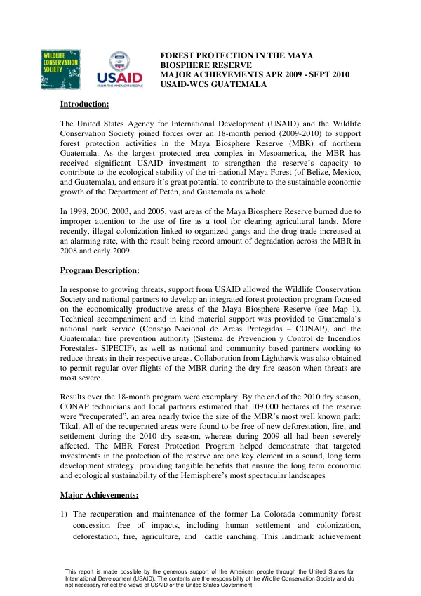 Forest protection in the Maya Biosphere Reserve : major achievements, Apr 2009-Sept 2010