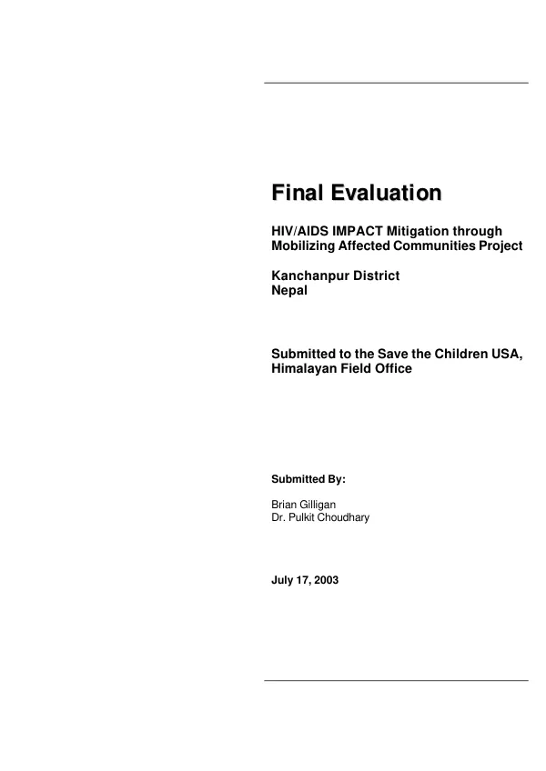 Final evaluation : HIV/AIDS impact mitigation through mobilizing affected communities project, Kanchanpur District, Nepal