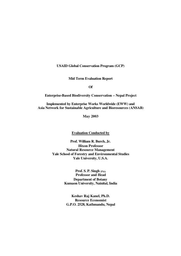 USAID global conservation program (GCP) : mid term evaluation report of enterprise-based biodiversity conservation -- Nepal project