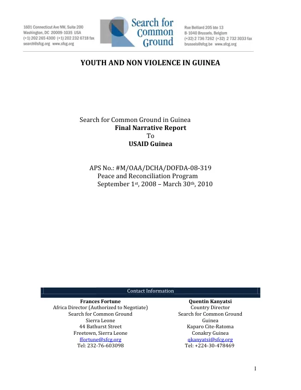 Youth and non-violence in Guinea : Search for Common Ground in Guinea final narrative report to USAID Guinea