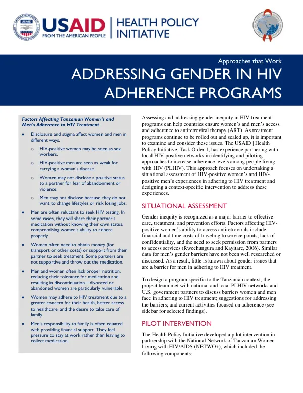 Approaches that work : addressing gender in HIV adherence programs