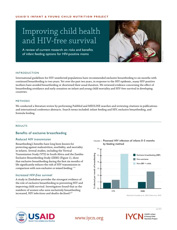 Improving child heatlh and HIV-free survival : a review of current research on risks and benefits of infant feeding options for HIV-positive moms