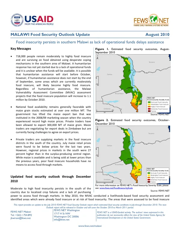 Malawi food security outlook update, August 2010