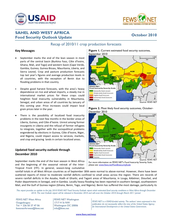 Sahel and West Africa food security outlook update, October 2010