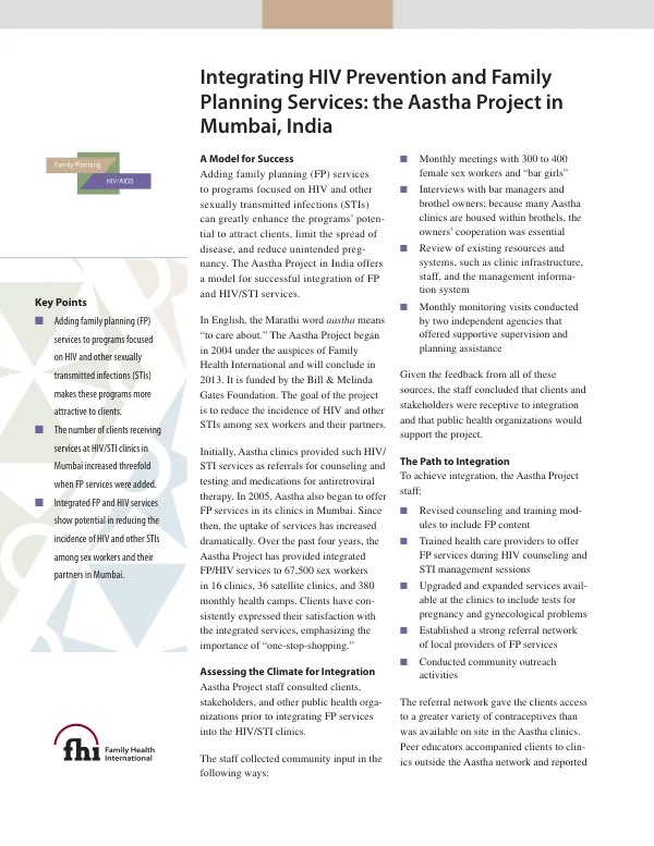 Integrating HIV prevention and family planning services : the Aastha project in Mumbia, India