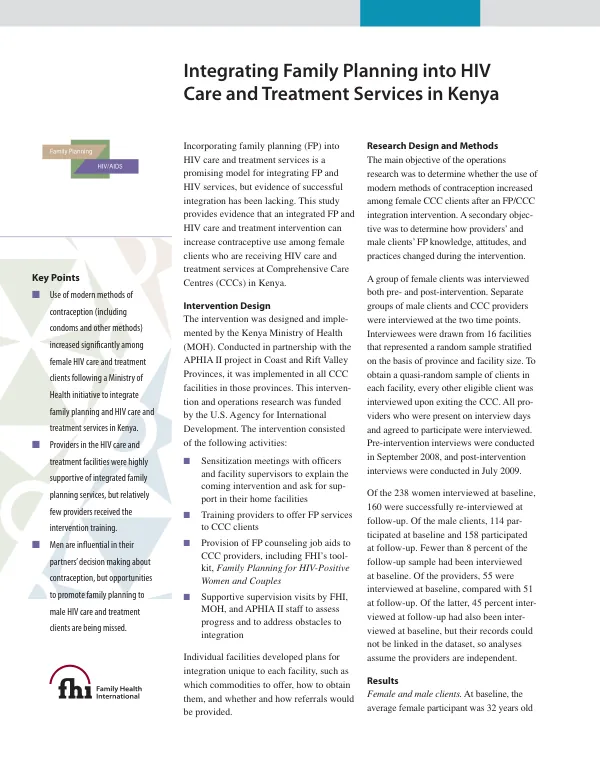 Integrating family planning into HIV care and treatment services in Kenya