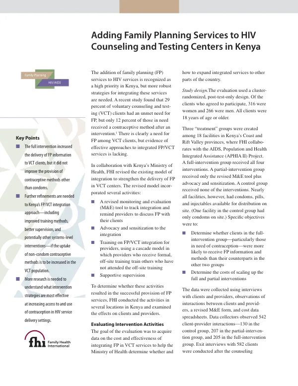 Adding family planning services to HIV counseling and testing centers in Kenya