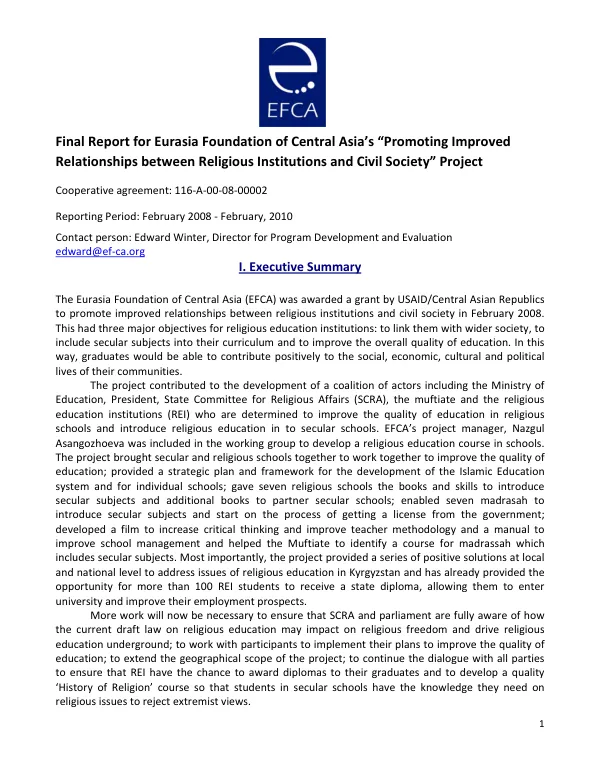 Final report for Eurasia Foundation of Central Asia"s "promoting improved relationships between religious institutions and civil society" project : reporting period, February 2008-February, 2010