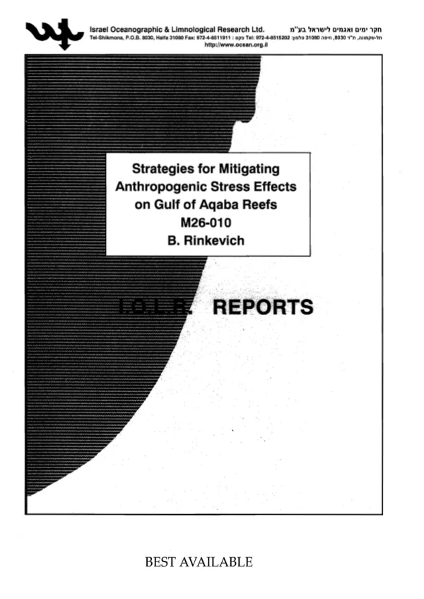 Final report covering the period from July 1, 2007 to April 31, 2010 : strategies for mitigating anthropogenic stress effects on Gulf of Aqaba Reefs
