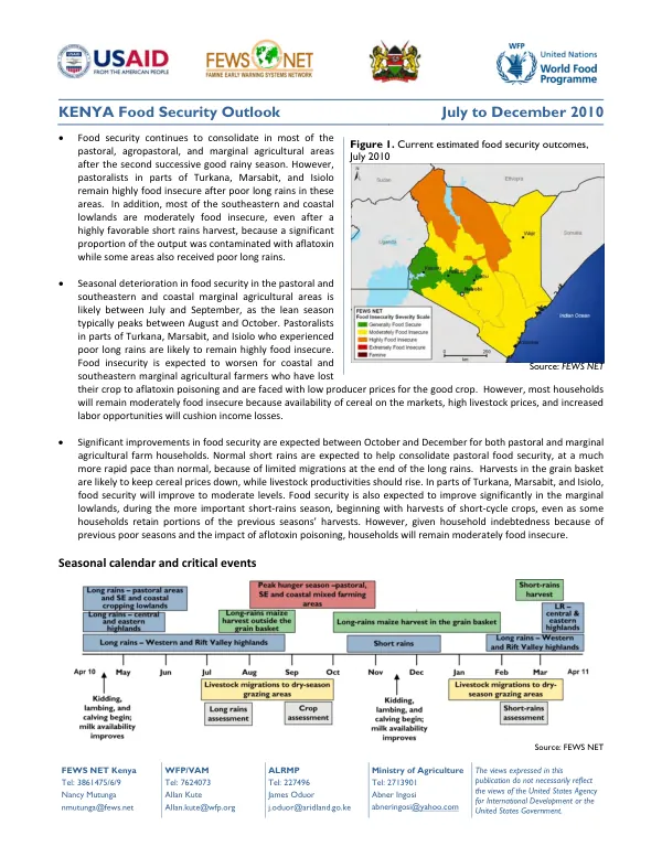 Kenya food security outlook, July to December 2010