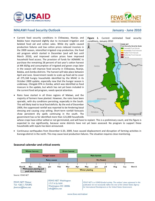 Malawi food security outlook, January-June 2010