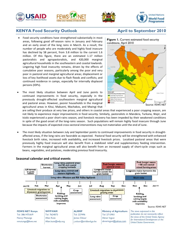 Kenya food security outlook, April to September 2010