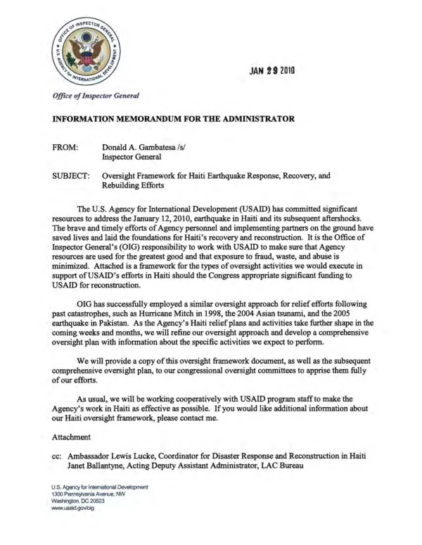 USAID Office of Inspector General framework for Haiti relief oversight